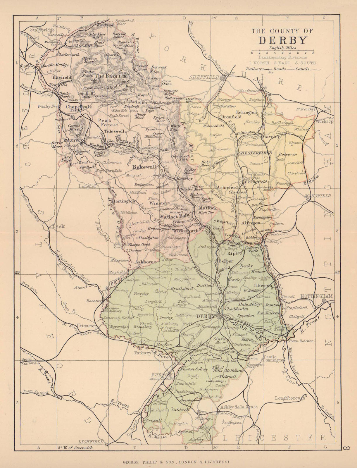 DERBYSHIRE. Antique county map. Railways canals. Constituencies. PHILIP 1885